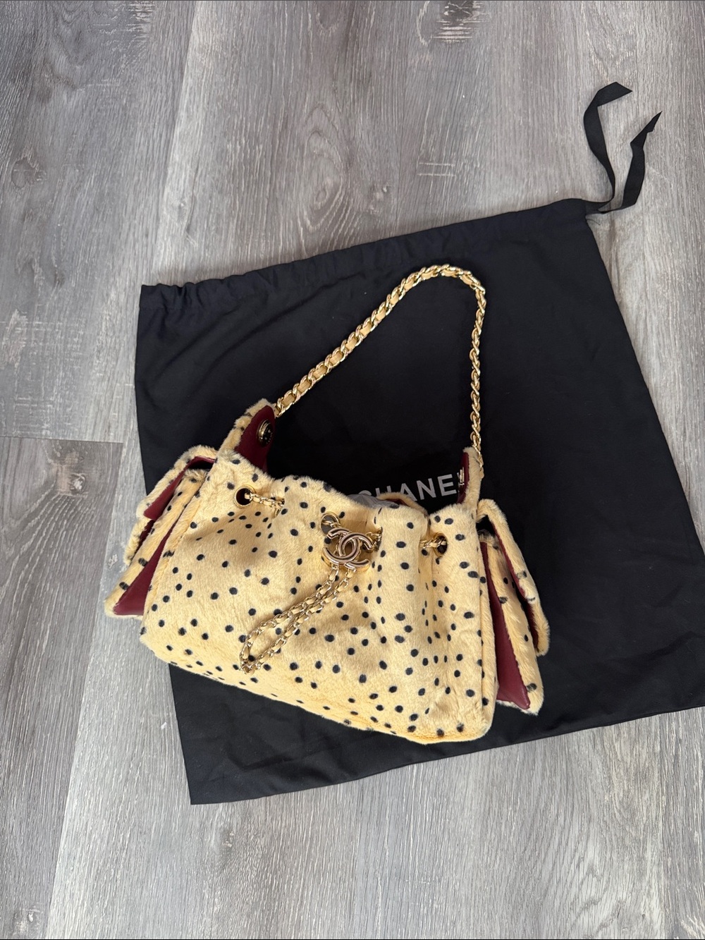 Source unknown Cream Polka Dot Drawstring Shoulder Bag with Gold Chain